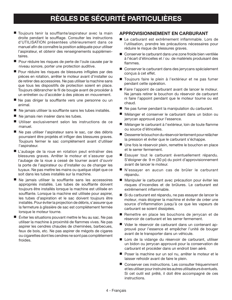 Règles de sécurité particulières | Ryobi RY09951 User Manual | Page 18 / 42