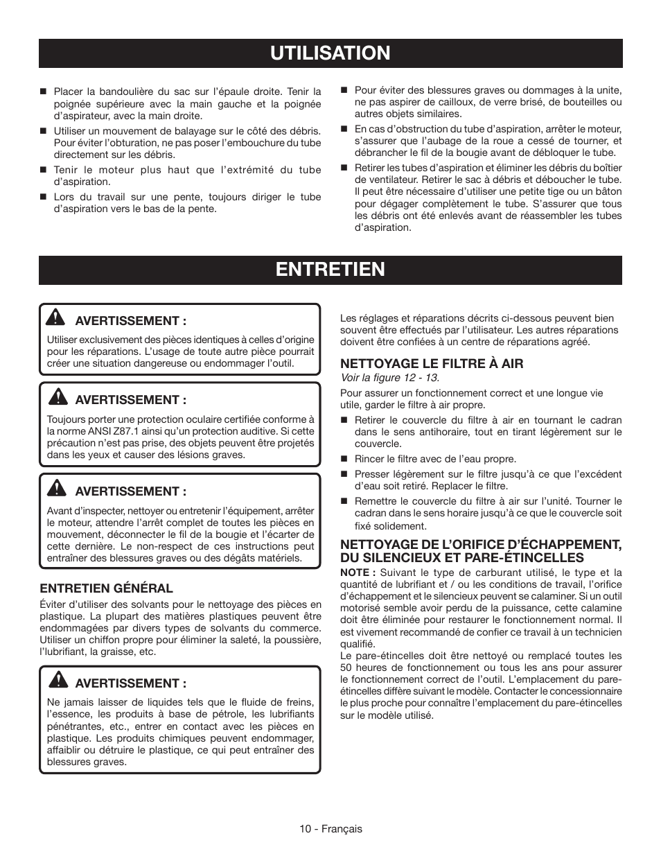 Entretien, Utilisation | Ryobi RY09951 User Manual | Page 24 / 42