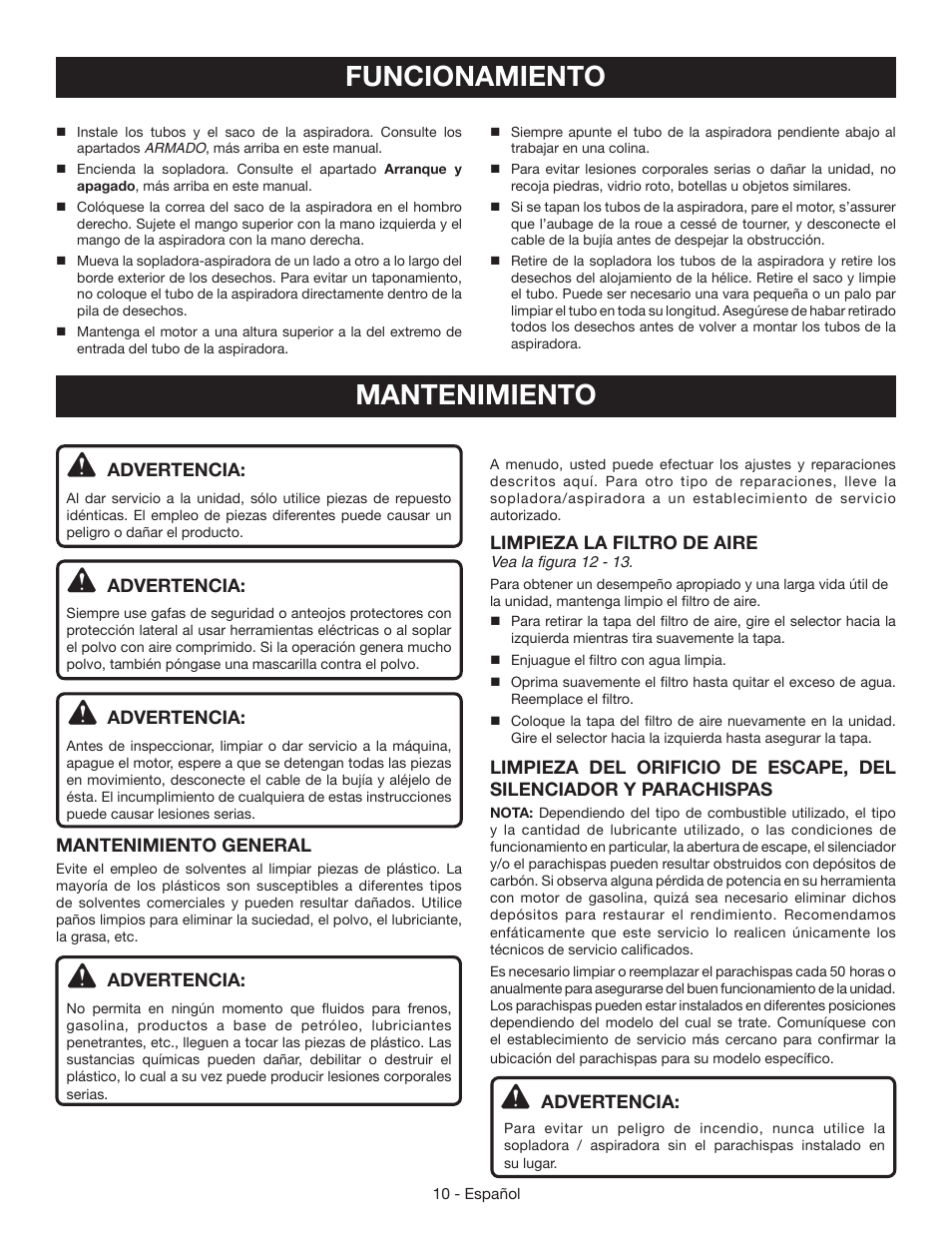 Mantenimiento, Funcionamiento | Ryobi RY09951 User Manual | Page 36 / 42