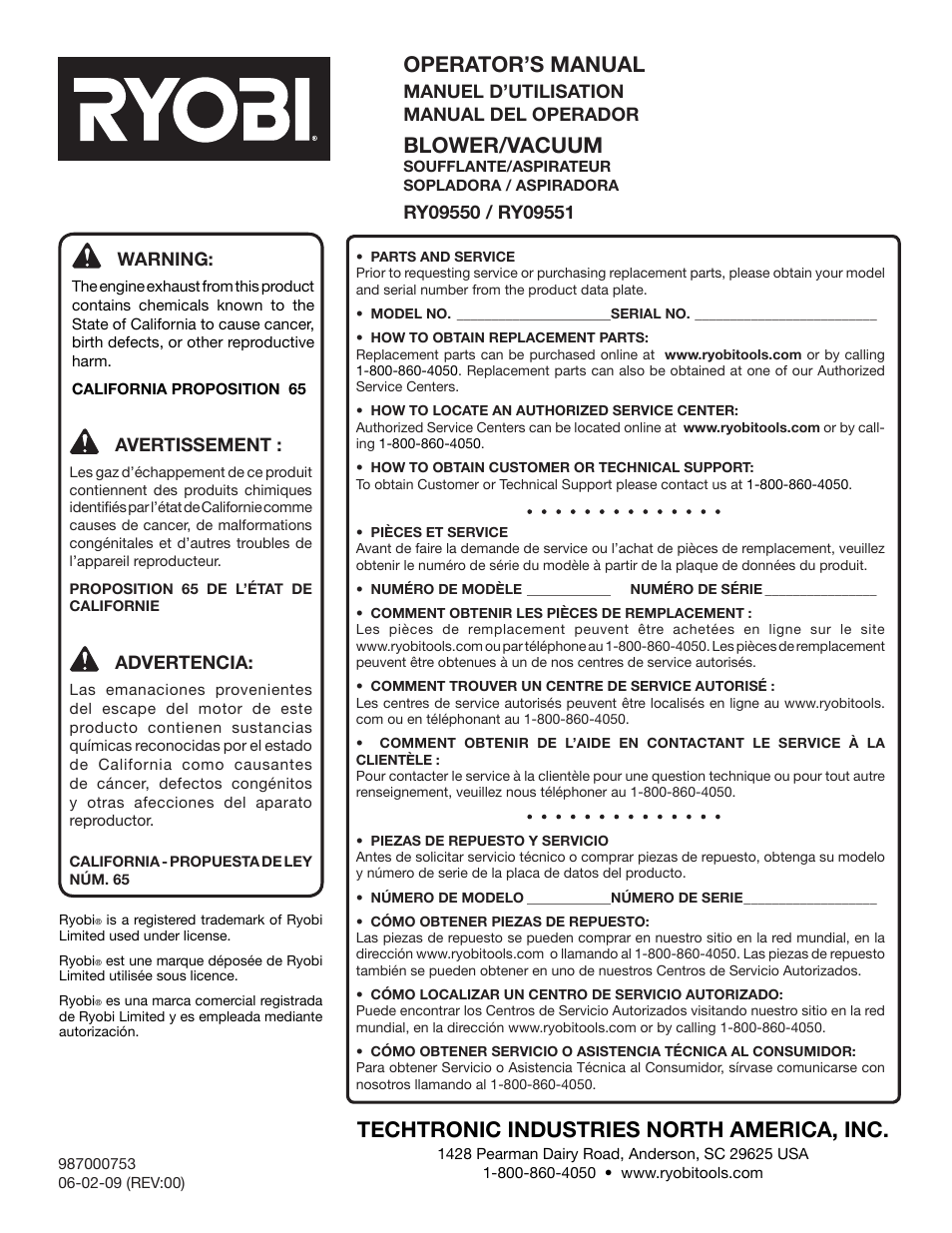 Operator’s manual, Blower/vacuum, Techtronic industries north america, inc | Ryobi RY09951 User Manual | Page 42 / 42