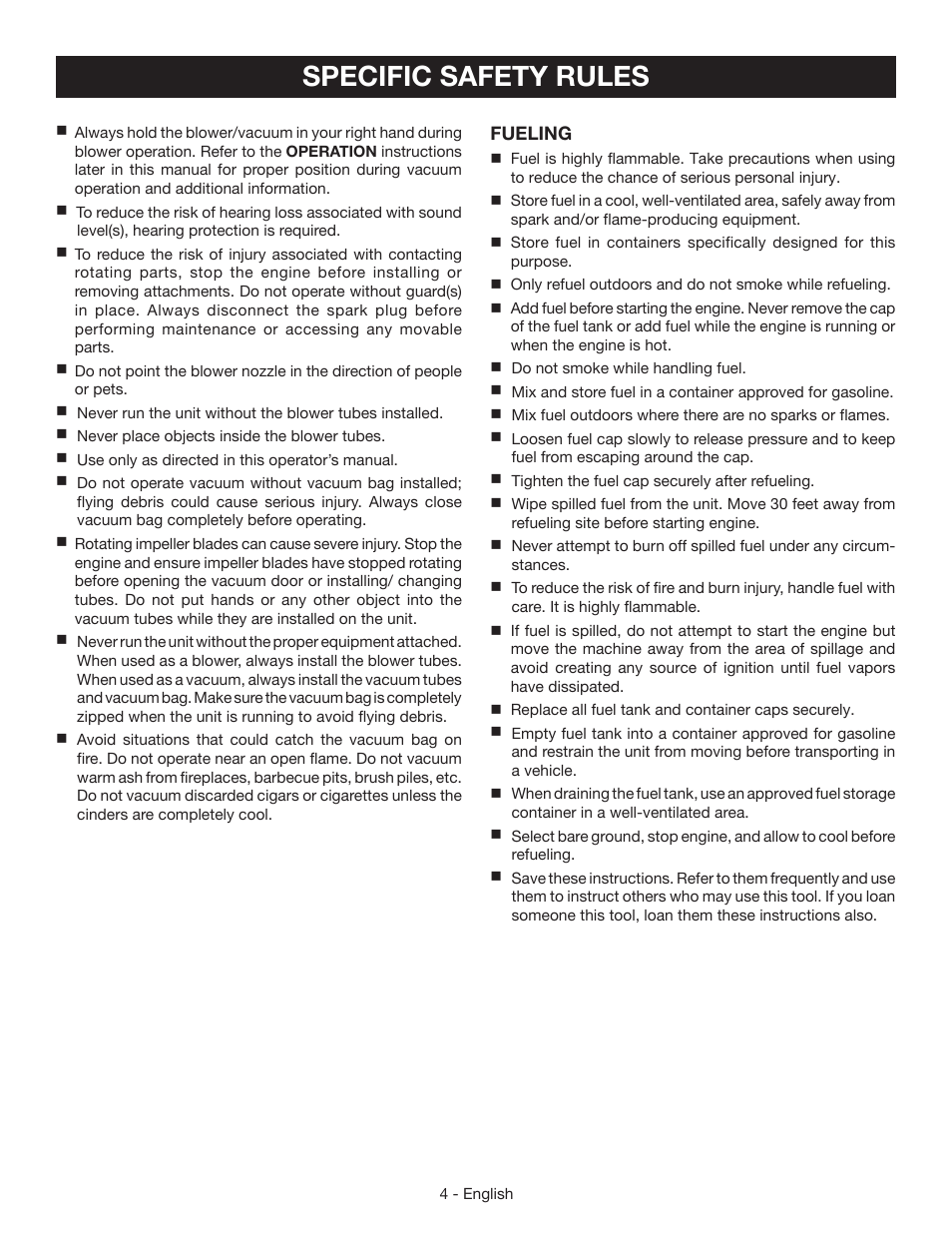 Specific safety rules | Ryobi RY09951 User Manual | Page 6 / 42