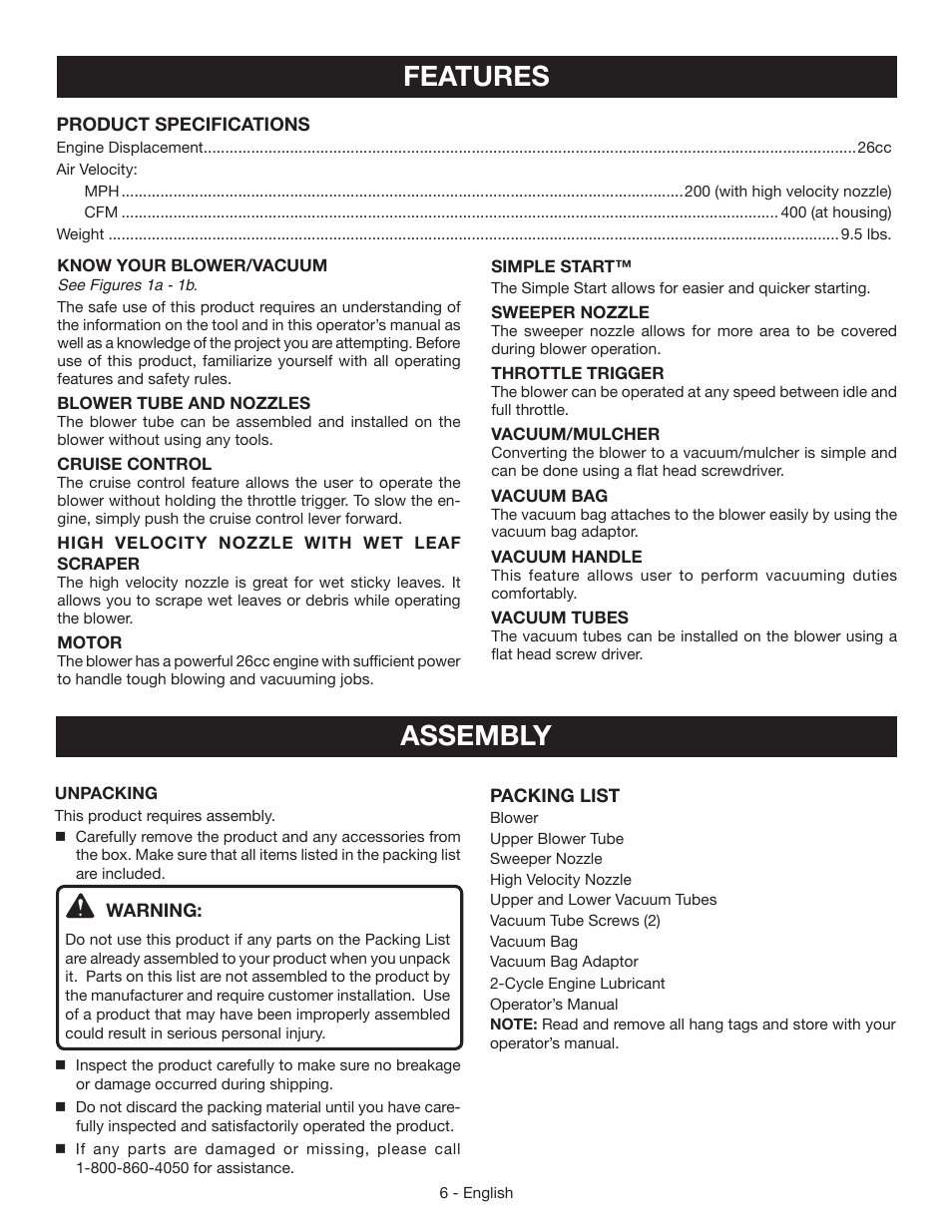 Features, Assembly | Ryobi RY09951 User Manual | Page 8 / 42