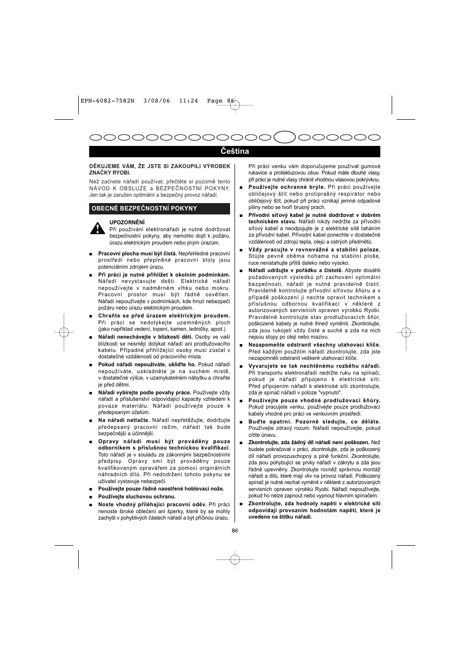 Čeština | Ryobi EPN-7582N User Manual | Page 33 / 77