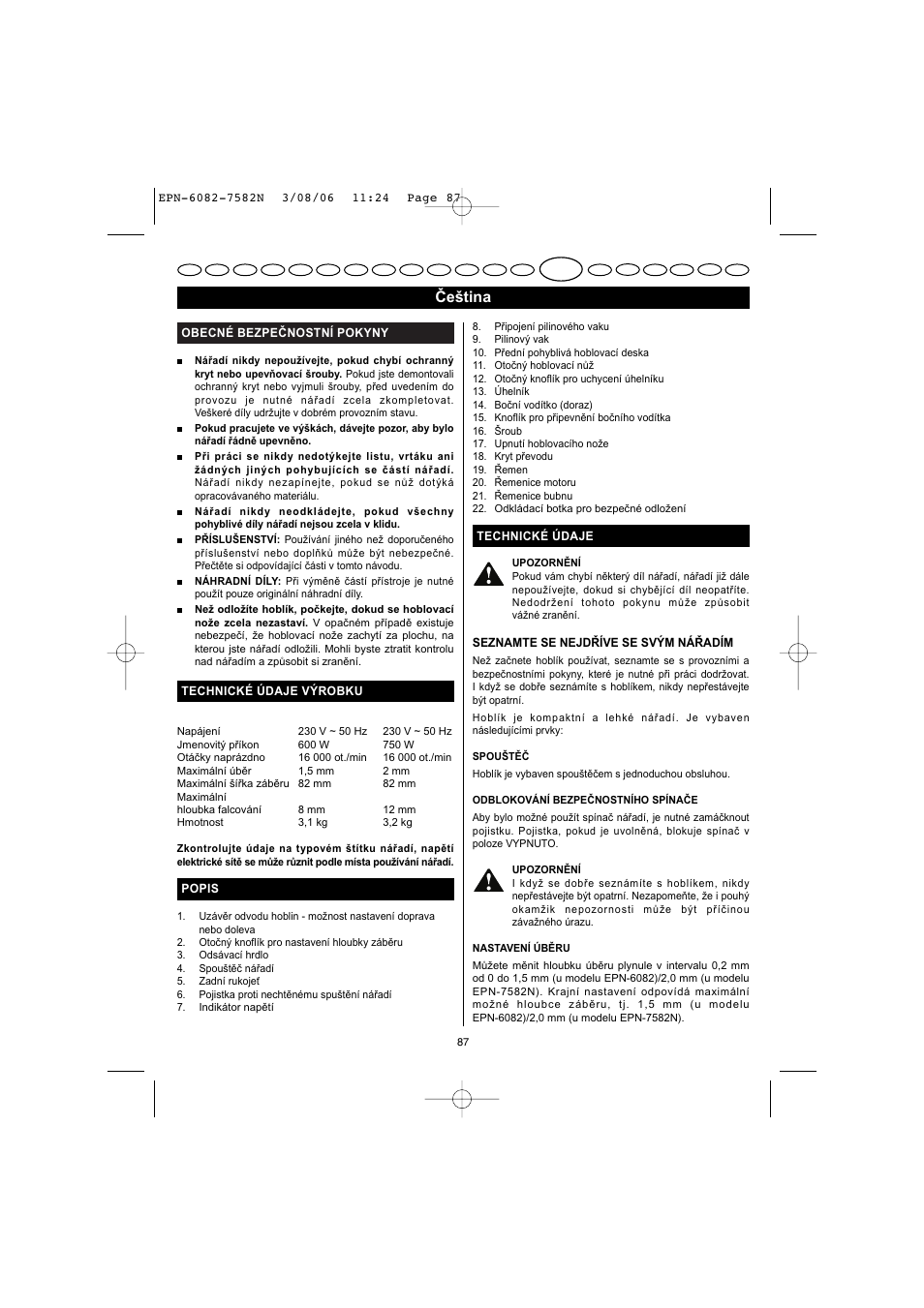 Čeština | Ryobi EPN-7582N User Manual | Page 34 / 77