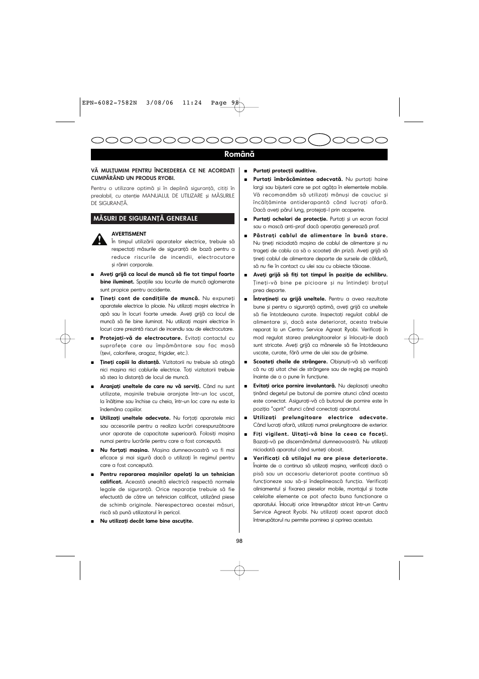 Română | Ryobi EPN-7582N User Manual | Page 45 / 77