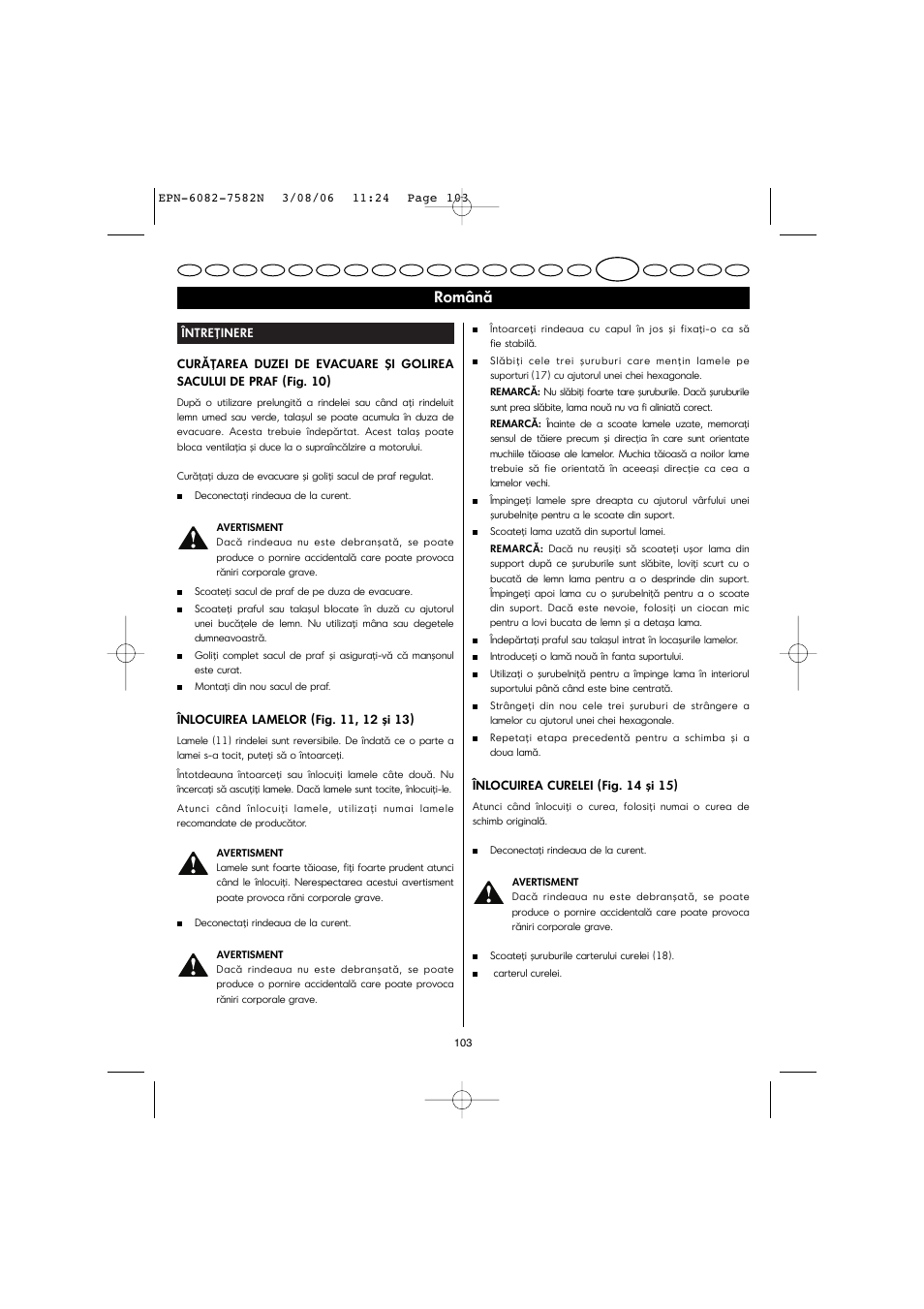 Română | Ryobi EPN-7582N User Manual | Page 50 / 77