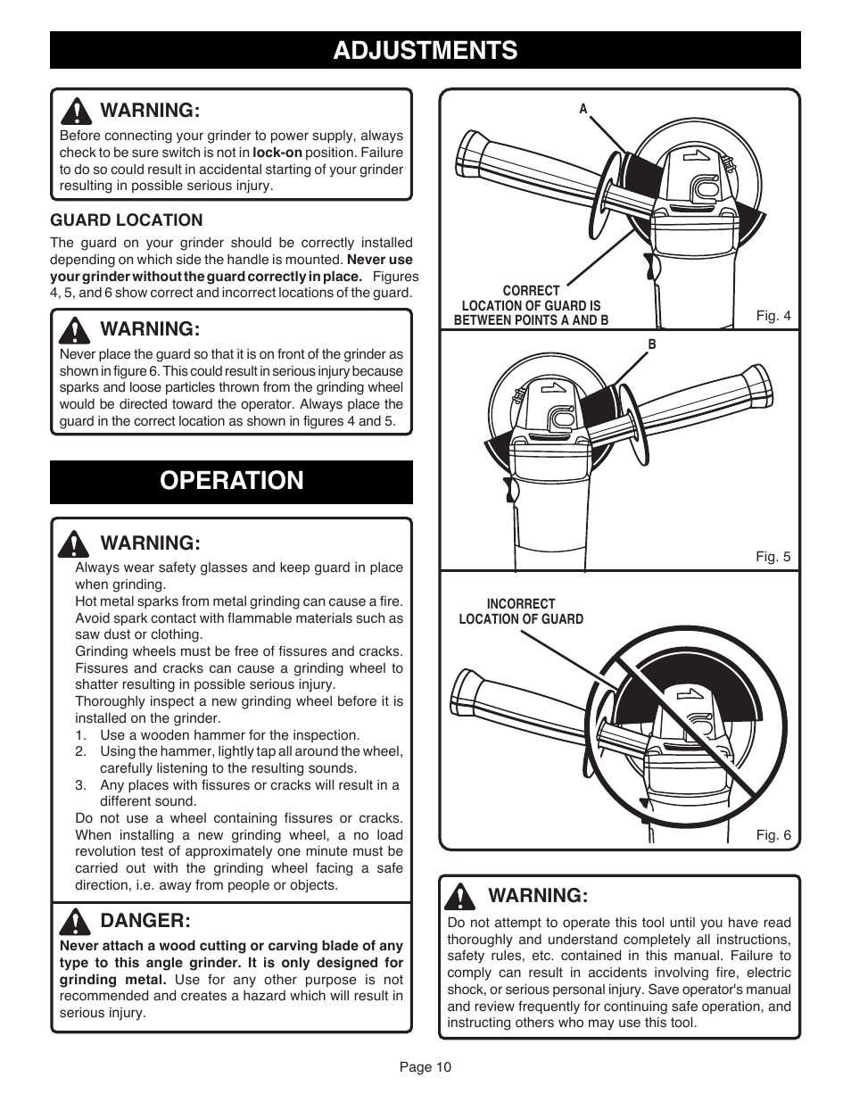 Adjustments, Operation, Warning | Danger | Ryobi AG401 User Manual | Page 10 / 14