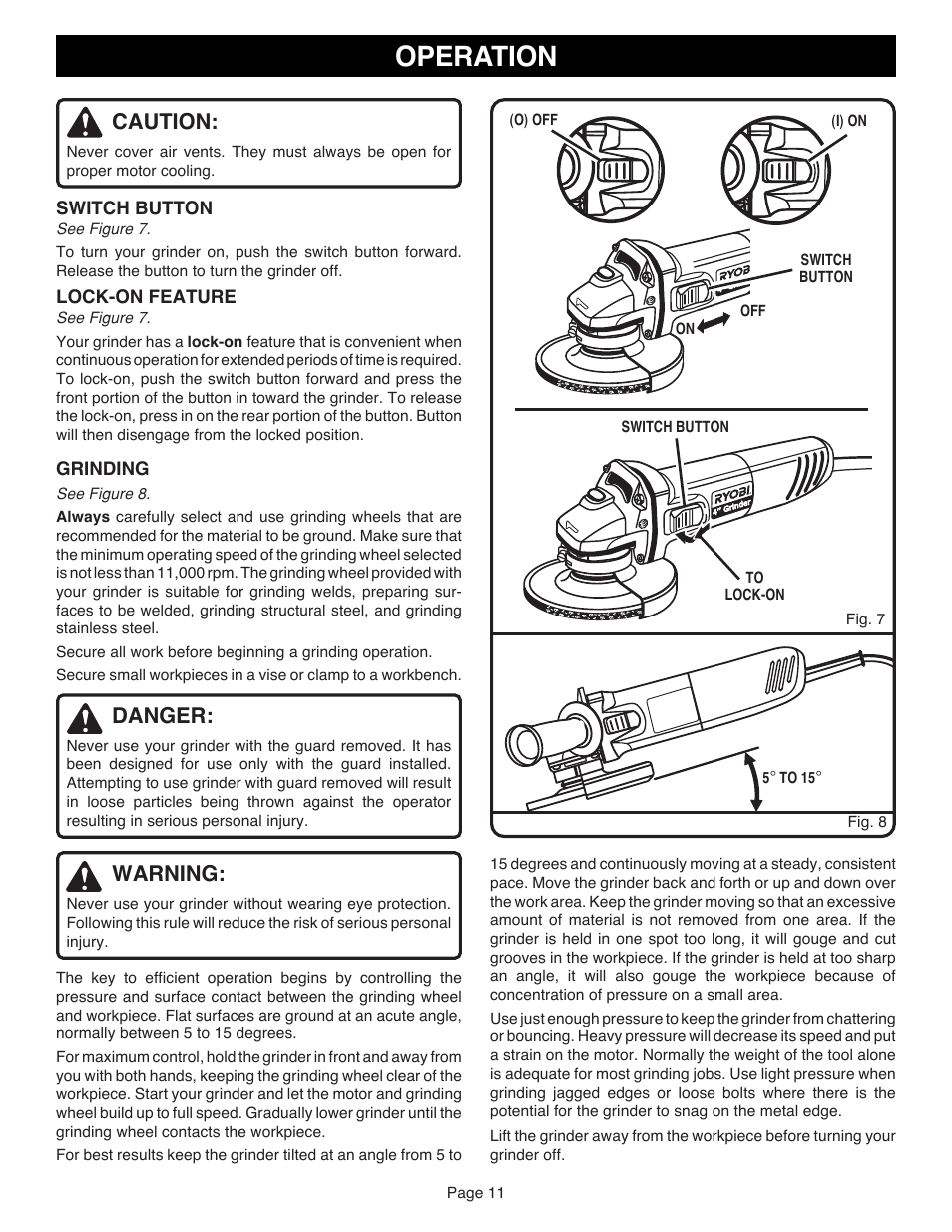 Operation, Caution, Danger | Warning, Switch button, Lock-on feature, Grinding | Ryobi AG401 User Manual | Page 11 / 14
