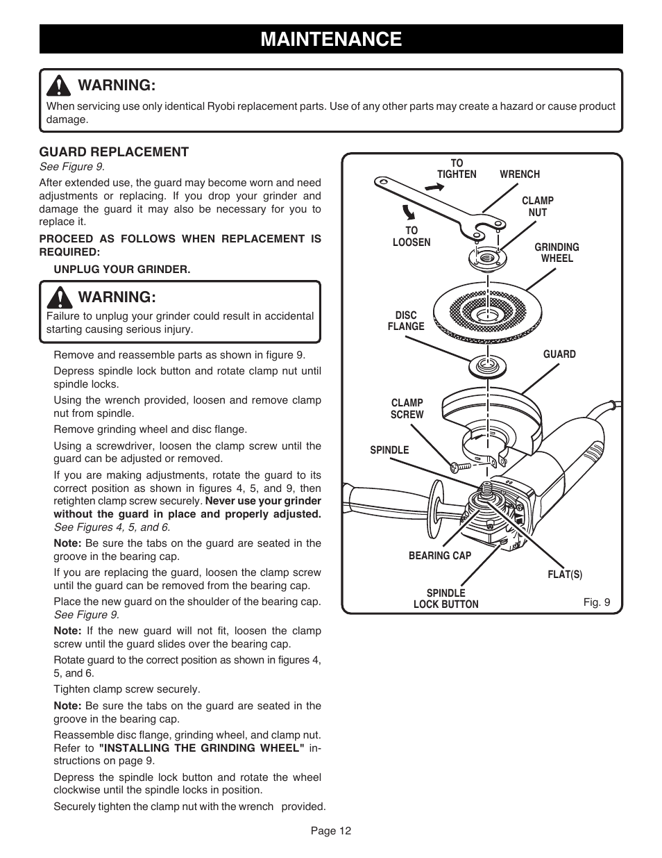 Maintenance, Warning | Ryobi AG401 User Manual | Page 12 / 14
