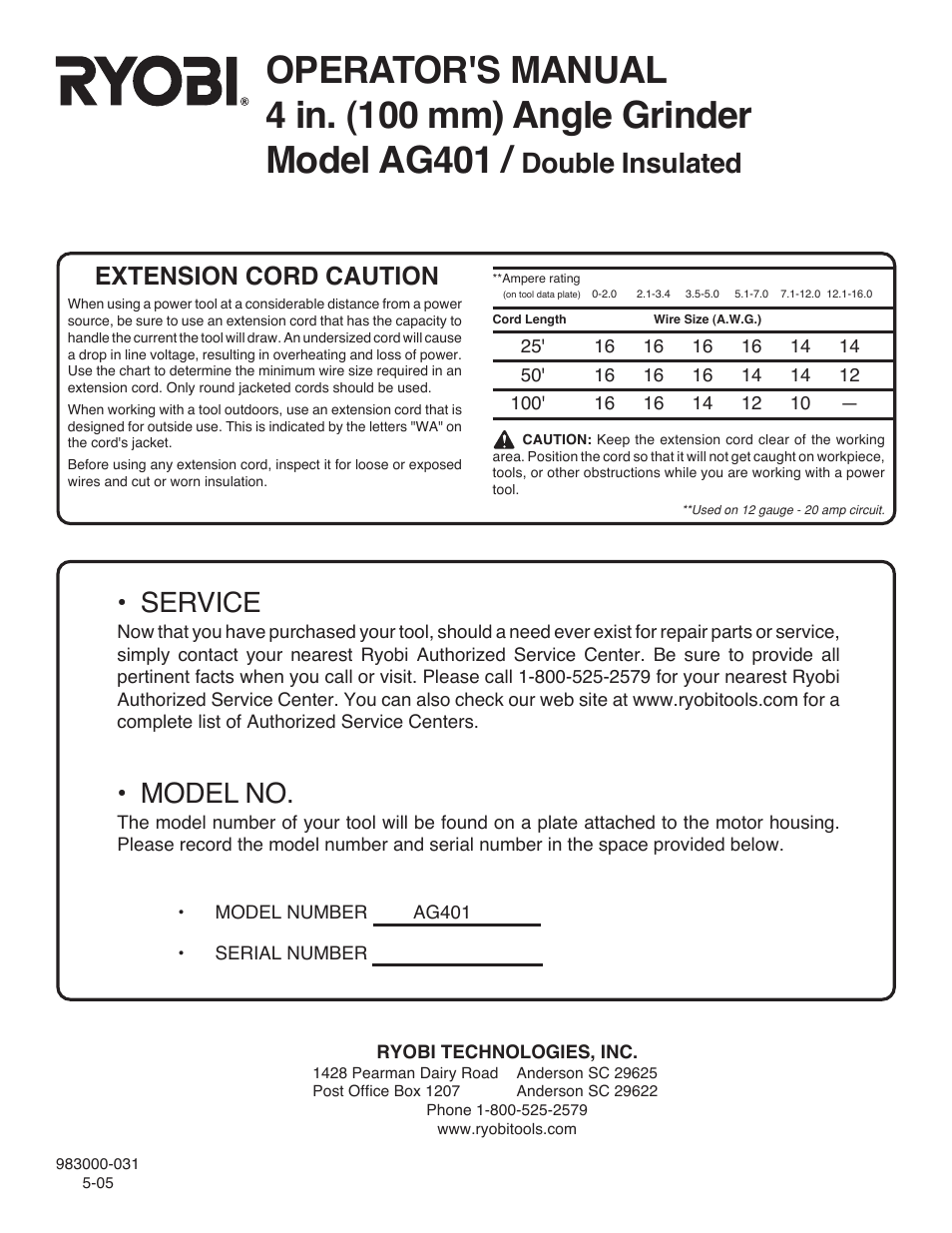 Double insulated, Service, Model no | Extension cord caution | Ryobi AG401 User Manual | Page 14 / 14