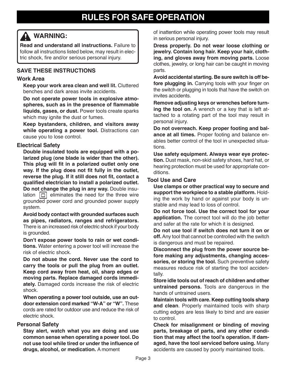 Rules for safe operation | Ryobi AG401 User Manual | Page 3 / 14