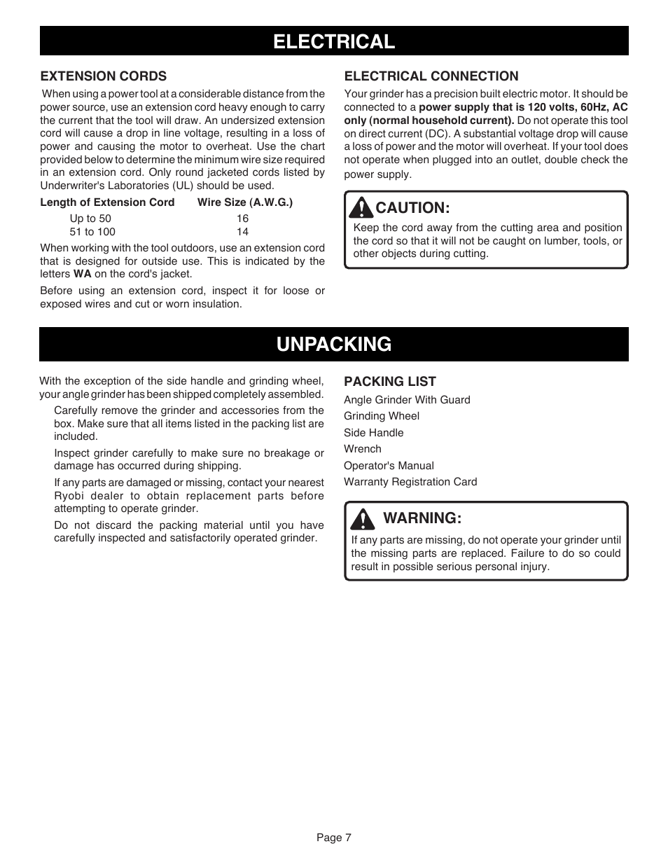 Unpacking electrical, Warning, Caution | Ryobi AG401 User Manual | Page 7 / 14