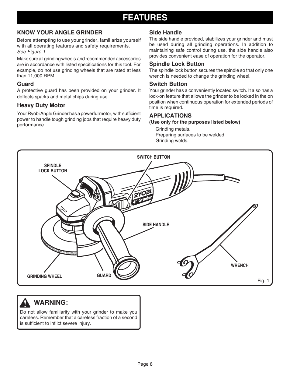 Features, Warning | Ryobi AG401 User Manual | Page 8 / 14