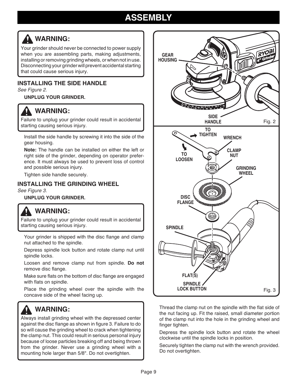 Assembly, Warning | Ryobi AG401 User Manual | Page 9 / 14