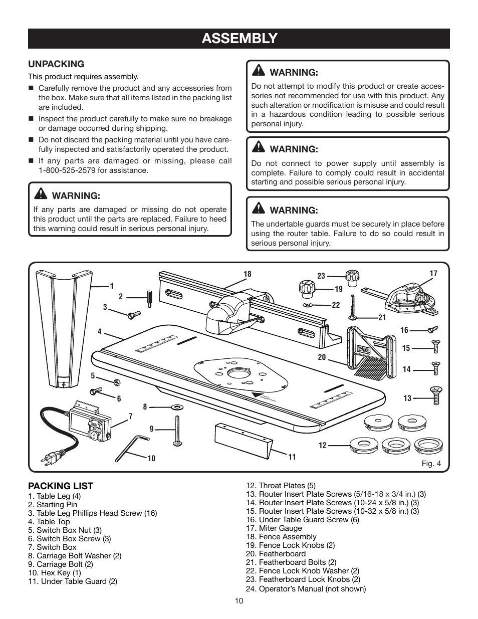 Assembly, Packing list, Unpacking | Warning | Ryobi A25RT02 User Manual | Page 10 / 20