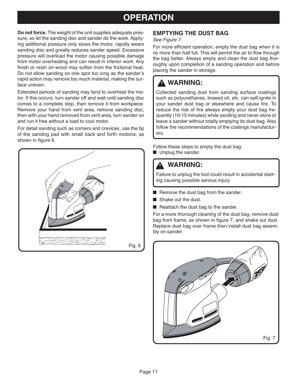 Operation, Warning | Ryobi CFS1501 User Manual | Page 11 / 14
