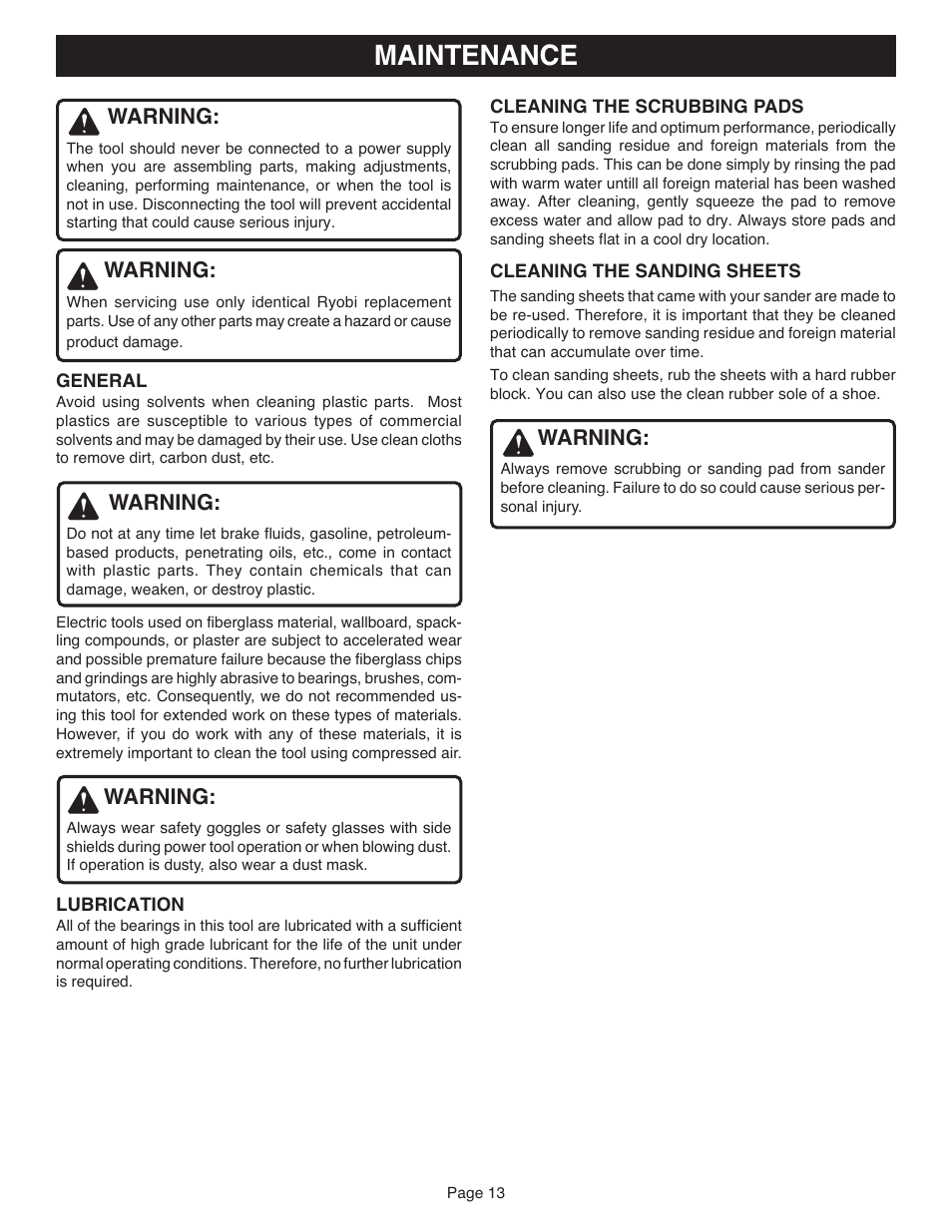 Maintenance, Warning | Ryobi CFS1501 User Manual | Page 13 / 14