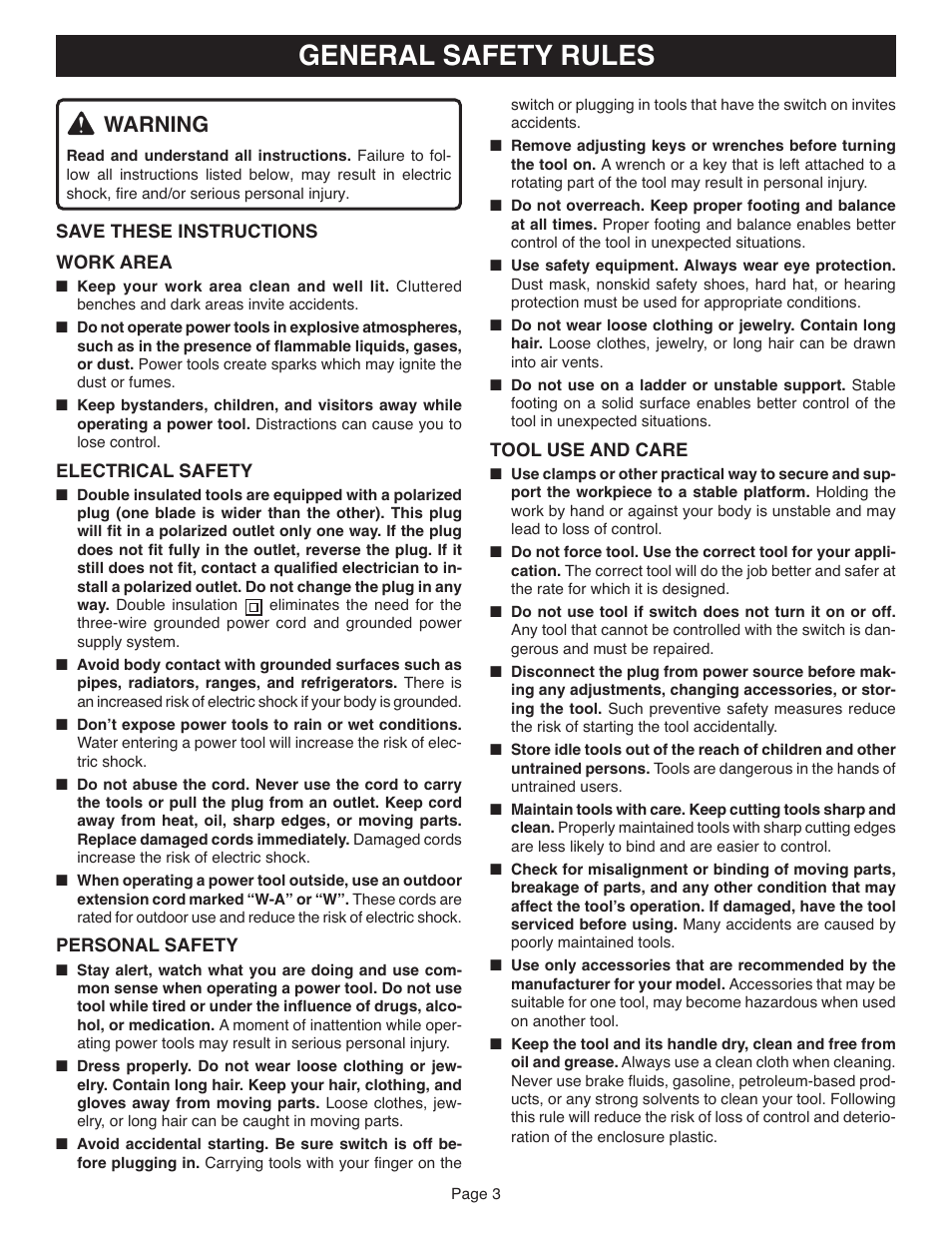 General safety rules, Warning | Ryobi CFS1501 User Manual | Page 3 / 14