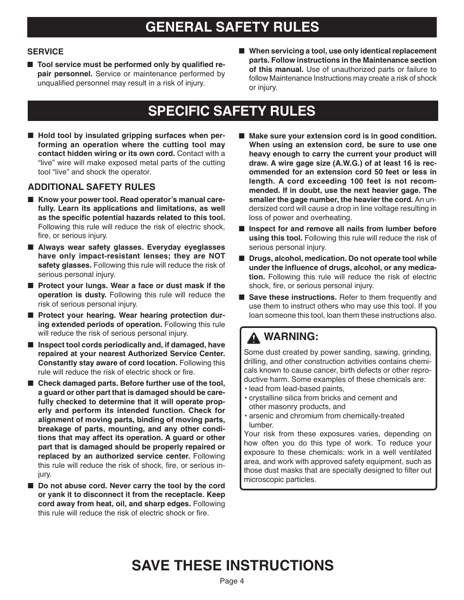 Save these instructions, Specific safety rules, General safety rules | Warning | Ryobi CFS1501 User Manual | Page 4 / 14