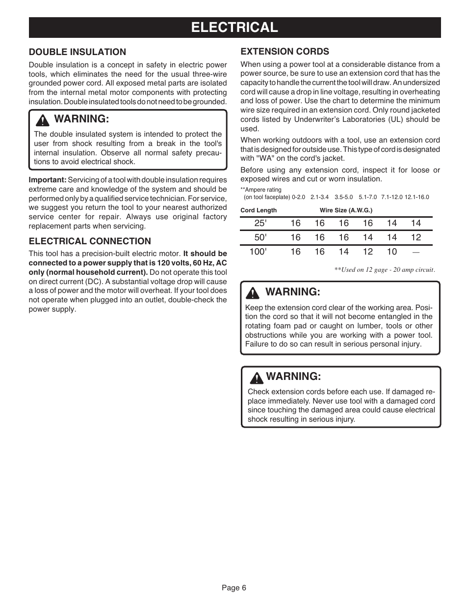 Electrical, Warning | Ryobi CFS1501 User Manual | Page 6 / 14