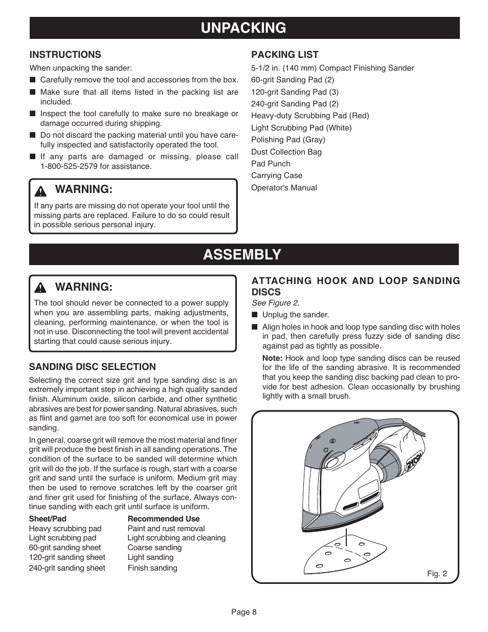 Unpacking, Assembly, Warning | Ryobi CFS1501 User Manual | Page 8 / 14