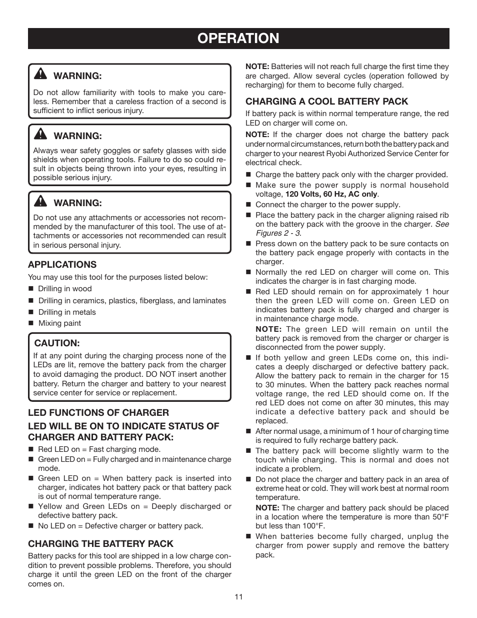 Operation | Ryobi P201 User Manual | Page 11 / 22