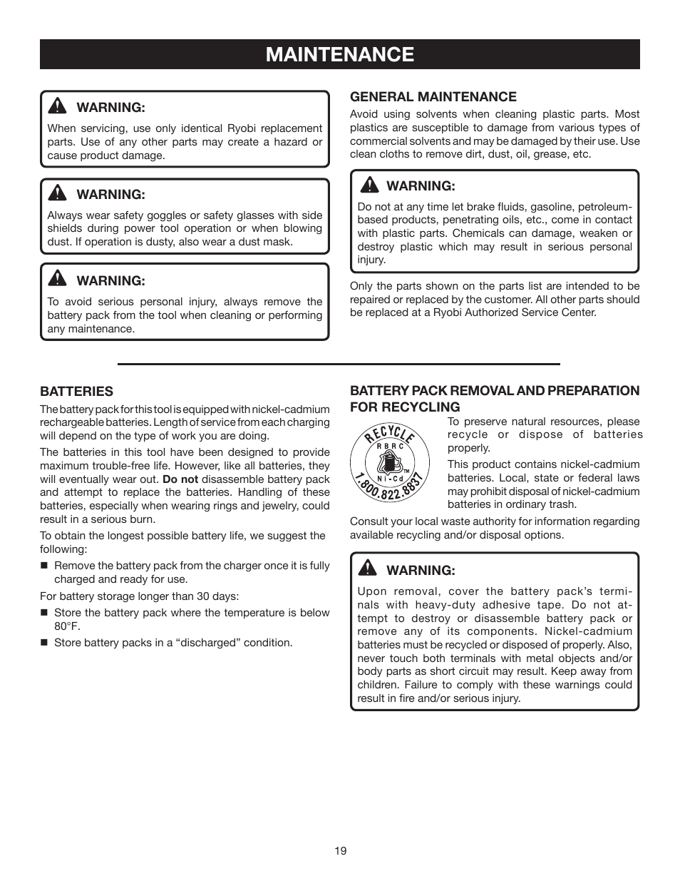 Maintenance | Ryobi P201 User Manual | Page 19 / 22