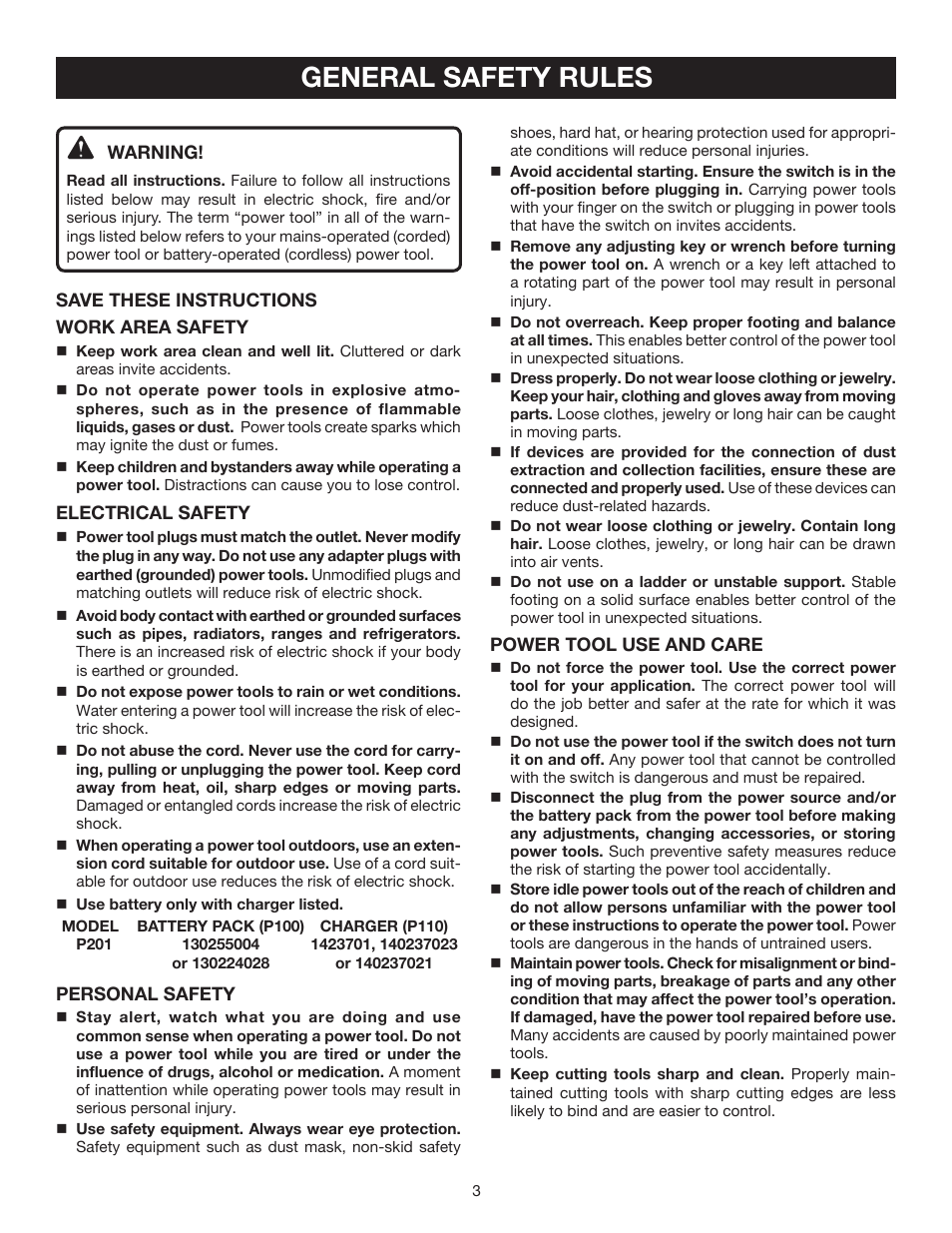 General safety rules | Ryobi P201 User Manual | Page 3 / 22