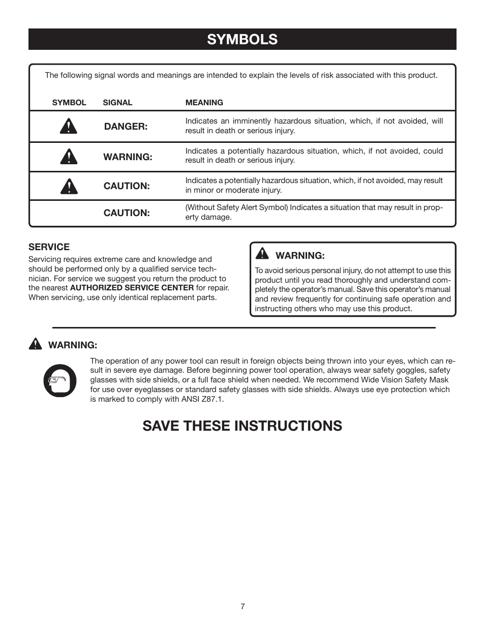 Symbols, Save these instructions | Ryobi P201 User Manual | Page 7 / 22