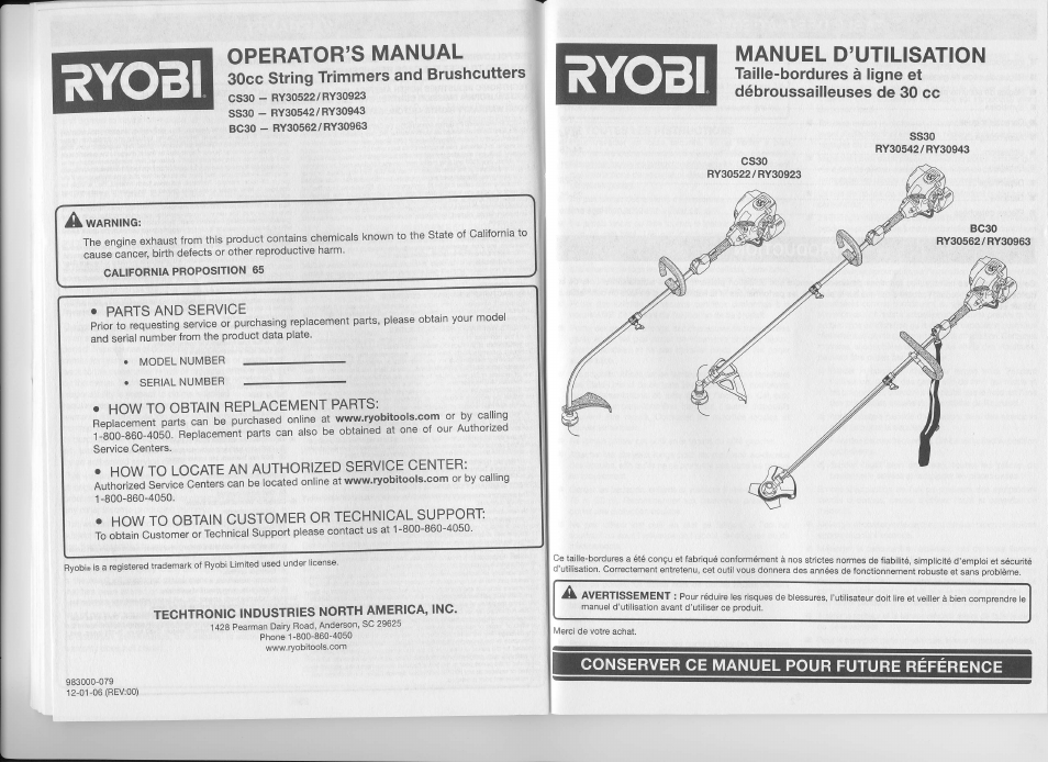 Ry03i, Operator’s manual, 30cc string trimmers and brushcutters | Ryobi, Manuel d’utilisation | Ryobi CS30 RY30923 User Manual | Page 14 / 14