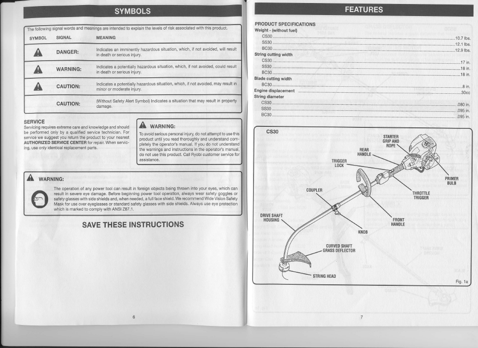 Save these instructions, Symbols, Save these instructions features | Ryobi CS30 RY30923 User Manual | Page 4 / 14
