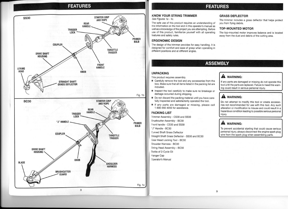 Features, Assembly | Ryobi CS30 RY30923 User Manual | Page 5 / 14