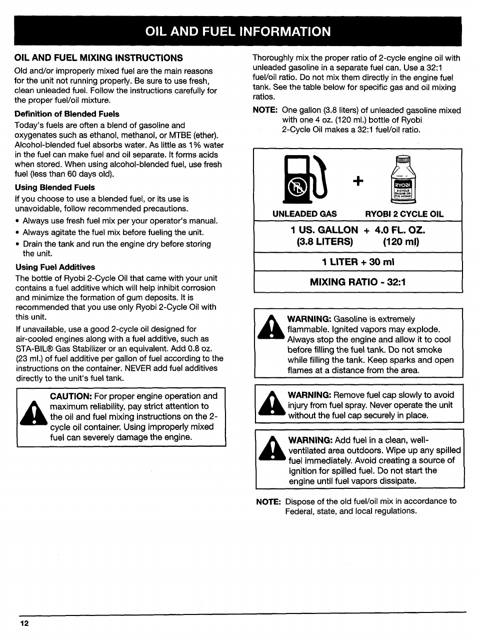 Oil and fuel information, Oil and fuel mixing instructions, 1 us. gallon + 4.0 fl. oz. (3.8 liters) (120 ml) | 1 liter + 30 ml, Mixing ratio - 32:1, Iv. oil and fuel information | Ryobi 310BVr User Manual | Page 12 / 24