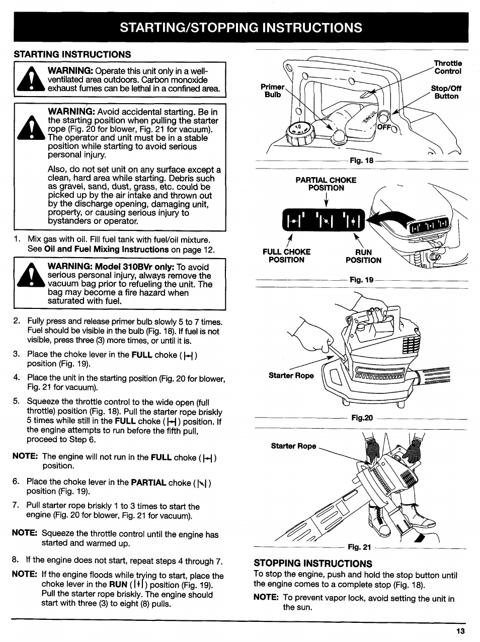 Starting instructions, Stopping instructions, Vi. operating instructions -15 | Starting/stopping instructions | Ryobi 310BVr User Manual | Page 13 / 24