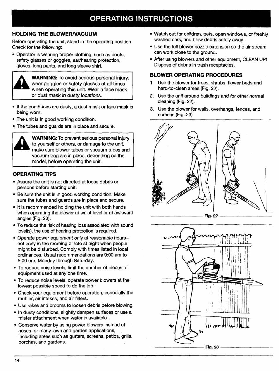 Holding the blower/vacuum, Operating tips, Blower operating procedures | A. holding the blowera/acuum, B. operating tips, C. blower operating procedures, Operating instructions | Ryobi 310BVr User Manual | Page 14 / 24