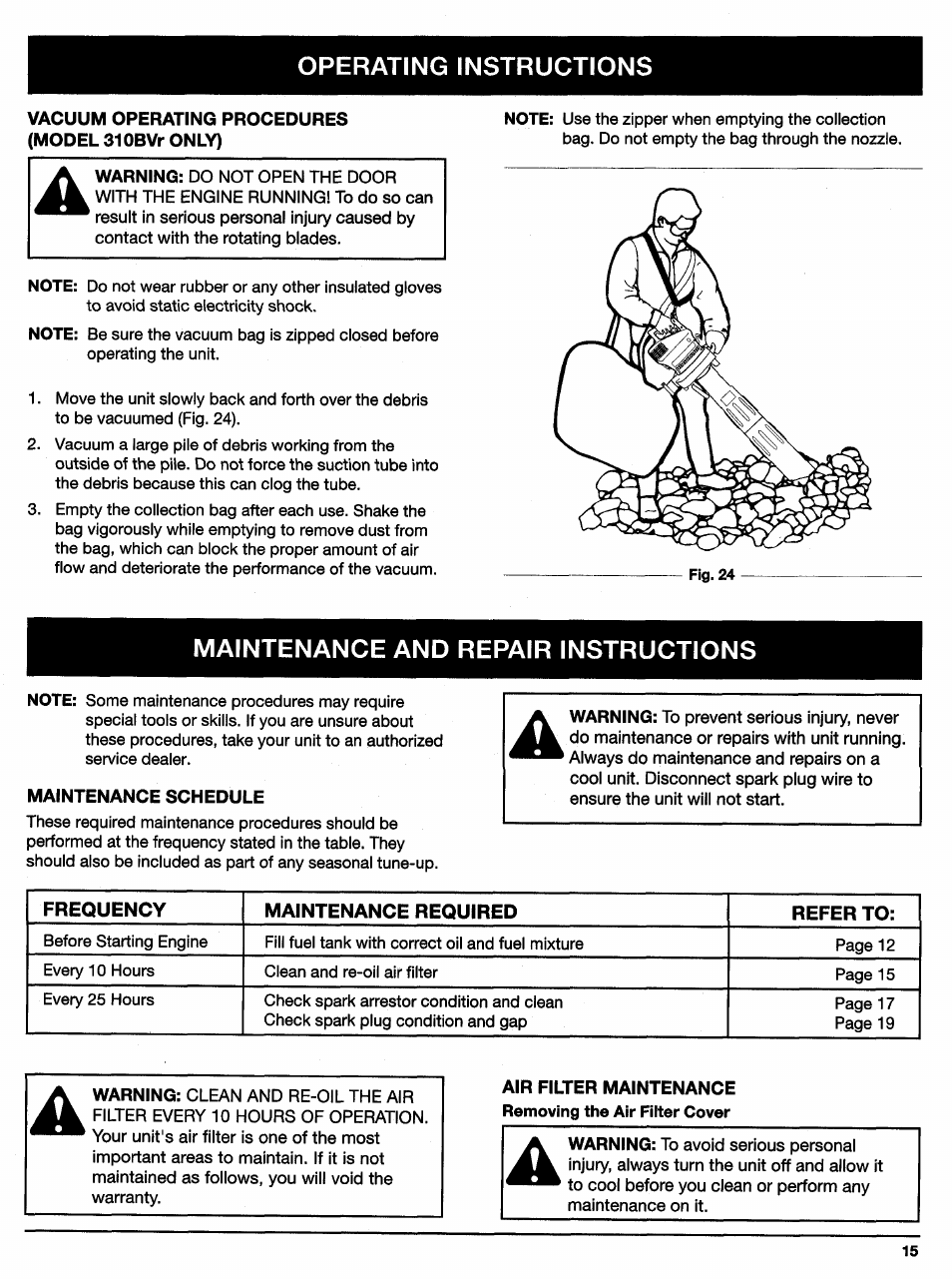 Maintenance and repair instructions, Maintenance schedule, Vii. maintenance and repair instructions -20 | A. maintenance schedule, Operating instructions | Ryobi 310BVr User Manual | Page 15 / 24
