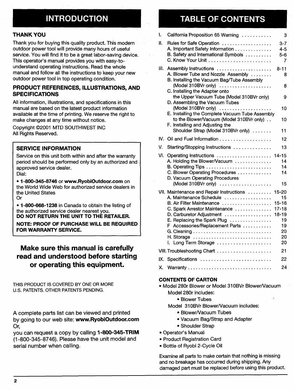 Ryobi 310BVr User Manual | Page 2 / 24