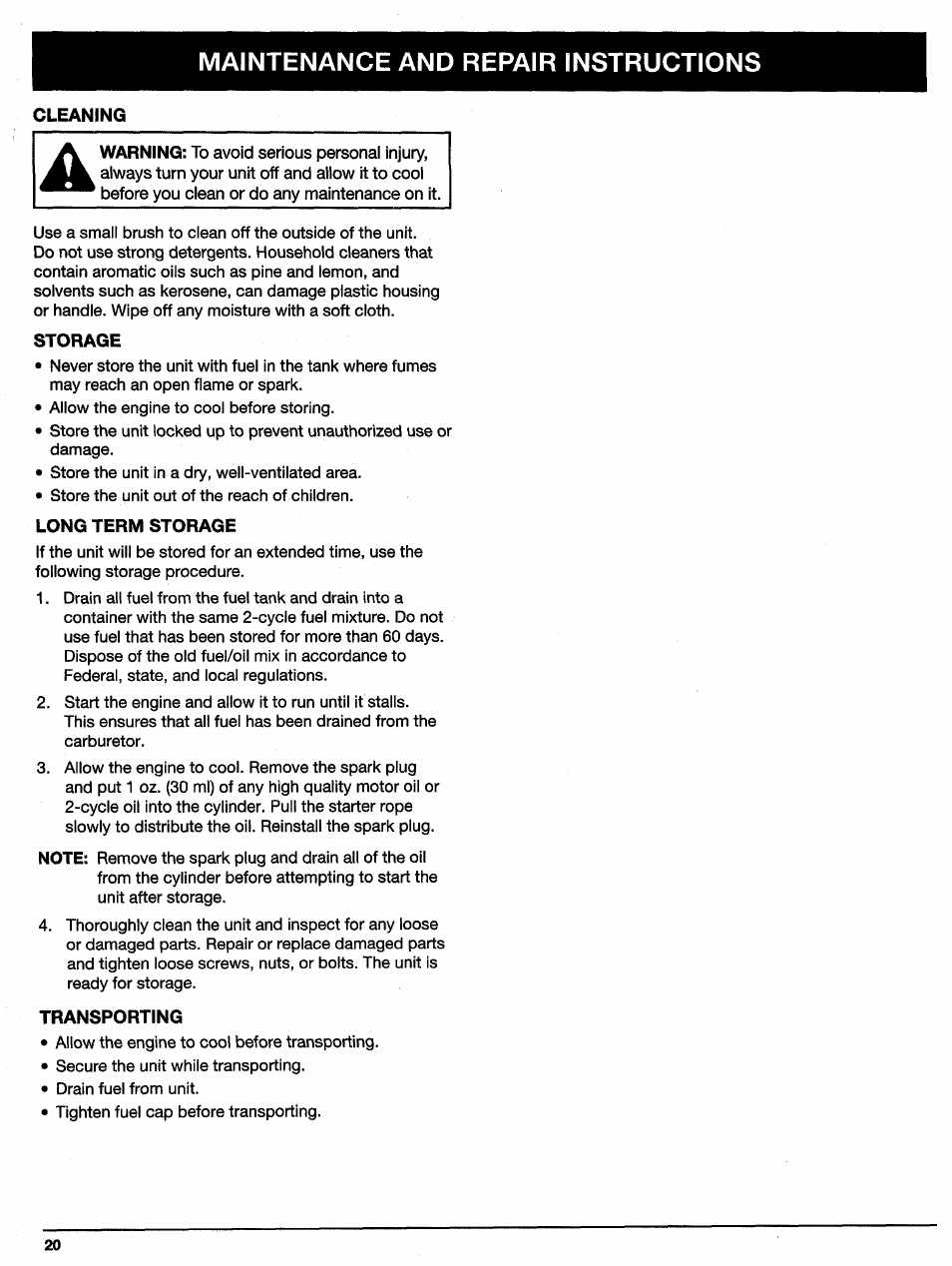 Storage, Long term storage, Transporting | H. storage i. long term storage, Maintenance and repair instructions | Ryobi 310BVr User Manual | Page 20 / 24