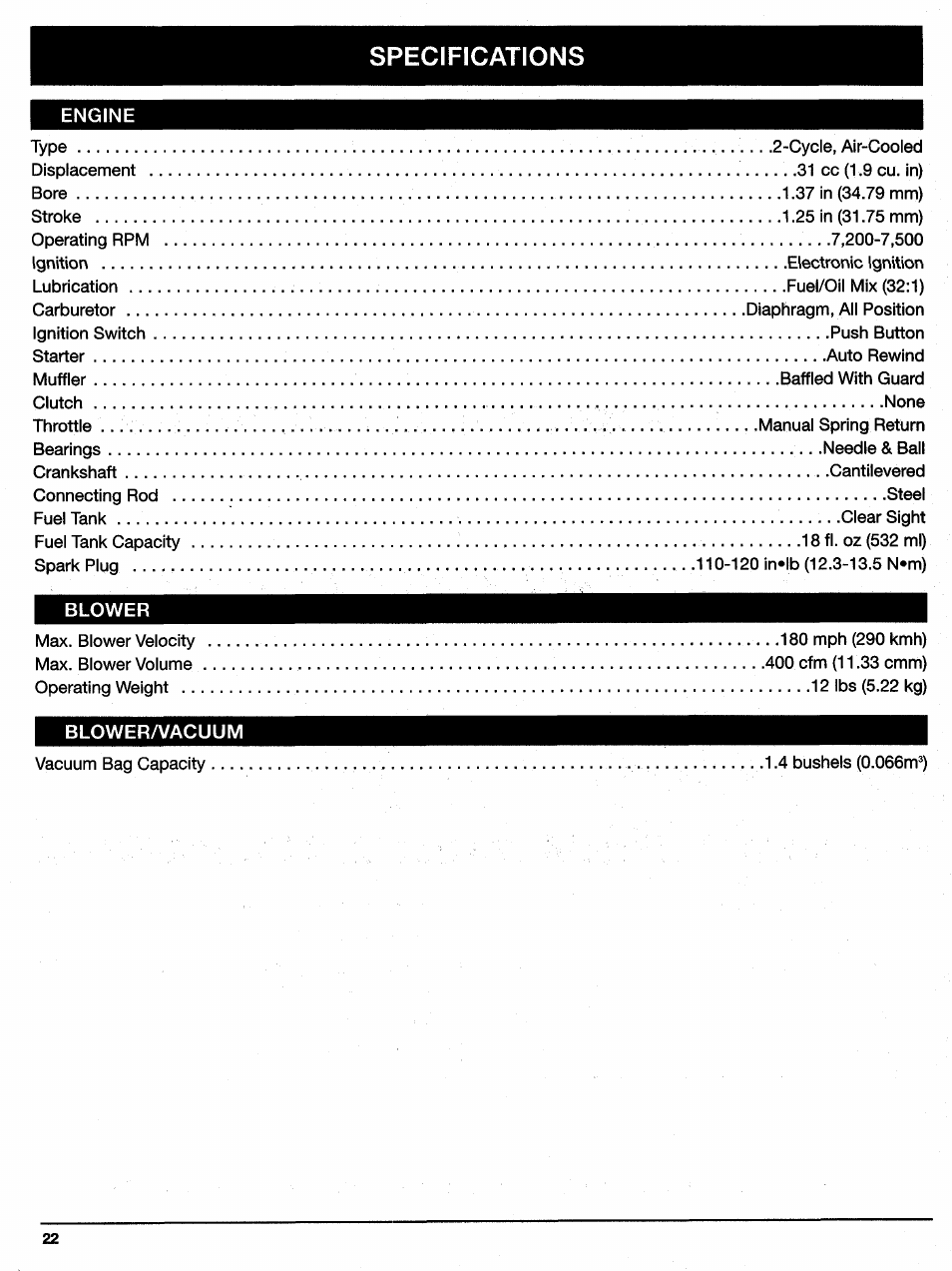 Specifications, Ix. specifications, Engine | Ryobi 310BVr User Manual | Page 22 / 24