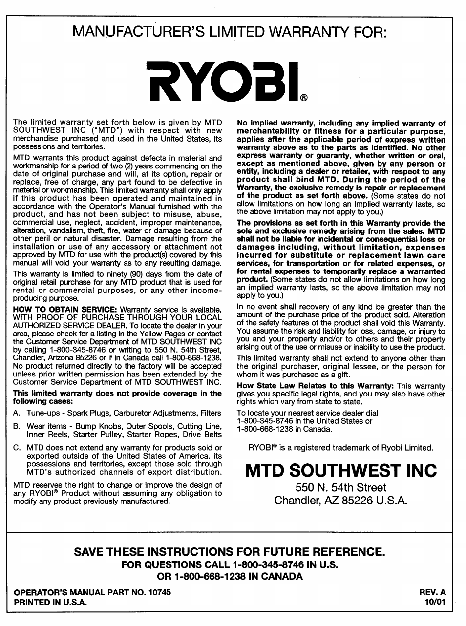 Ryobi, For questions call 1-800-345-8746 in u.s, Or 1-800-668-1238 in canada | Mtd southwest inc, Manufacturer’s limited warranty for | Ryobi 310BVr User Manual | Page 24 / 24