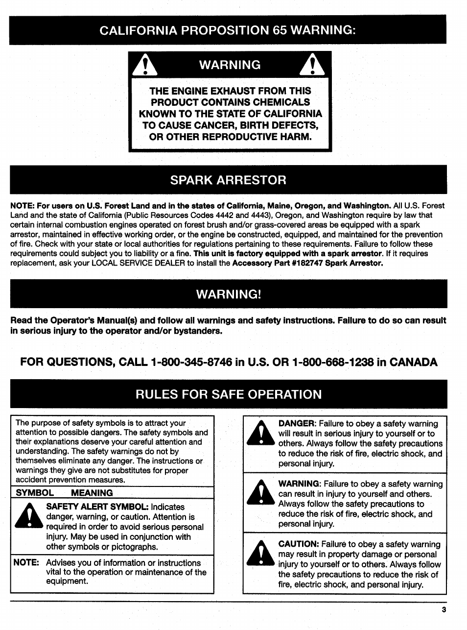 California proposition 65 warning, Warning, Spark arrestor | Rules for safe operation, Symbol meaning, Ii. rules for safe operation -7 | Ryobi 310BVr User Manual | Page 3 / 24