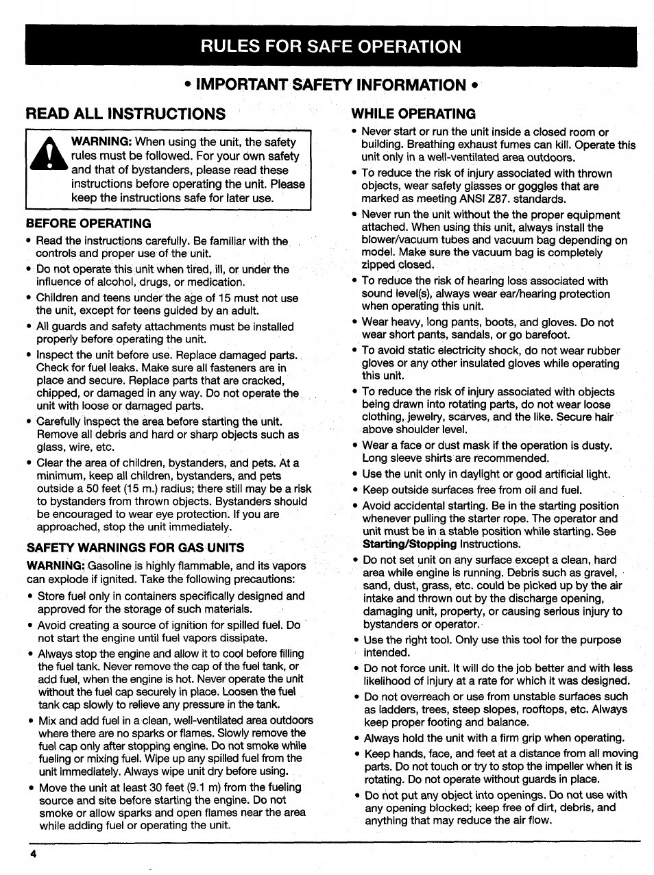 Important safety information, Read all instructions, Before operating | Safety warnings for gas units, A. important safety information -5, Rules for safe operation, Important safety information read all instructions | Ryobi 310BVr User Manual | Page 4 / 24