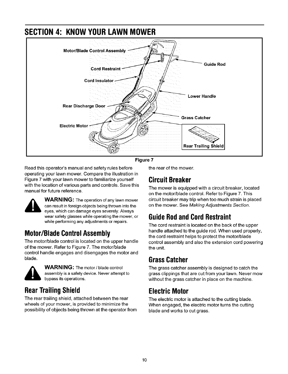 Motor/blade control assembly, Rear trailing shieid, Circuit breaker | Guide rod and cord restraint, Grass catcher, Electric motor | Ryobi 136 User Manual | Page 10 / 20