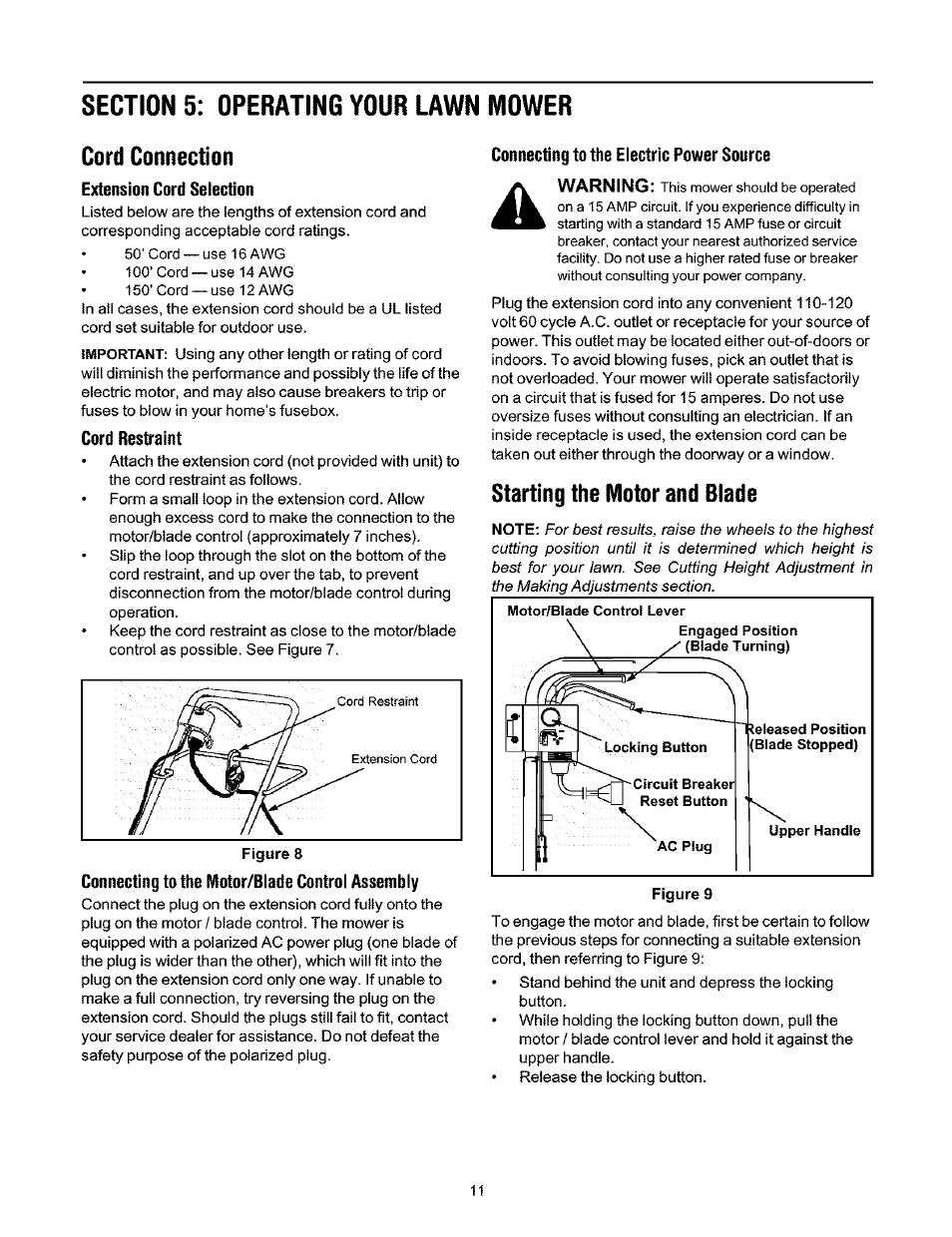 Cord connection, Starting the motor and blade | Ryobi 136 User Manual | Page 11 / 20