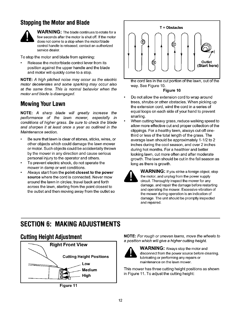 Mowing your lawn, Stopping the motor and blade, Cutting height adjustment | Ryobi 136 User Manual | Page 12 / 20