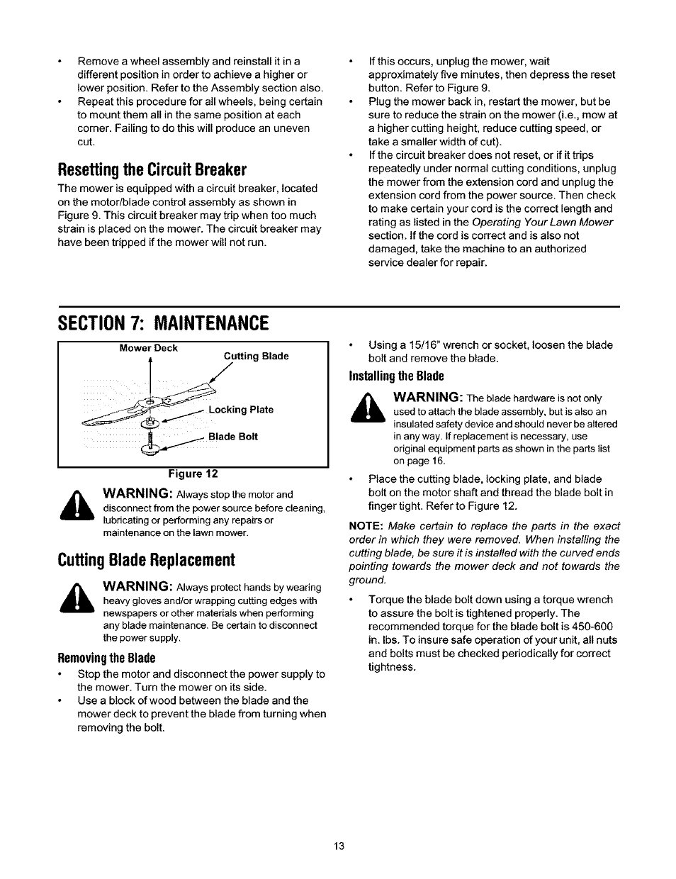 Resetting the circuit breaker, Section 7: maintenance, Cutting blade replacement | Ryobi 136 User Manual | Page 13 / 20