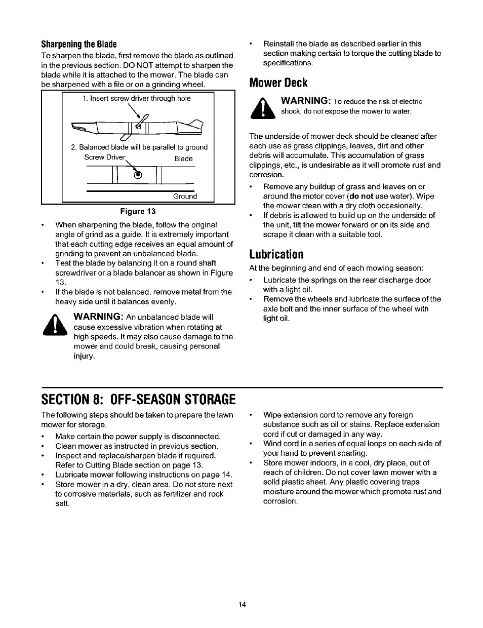 Sharpening ttie blade, Mower deck, Lubrication | Section 8: off-season storage | Ryobi 136 User Manual | Page 14 / 20