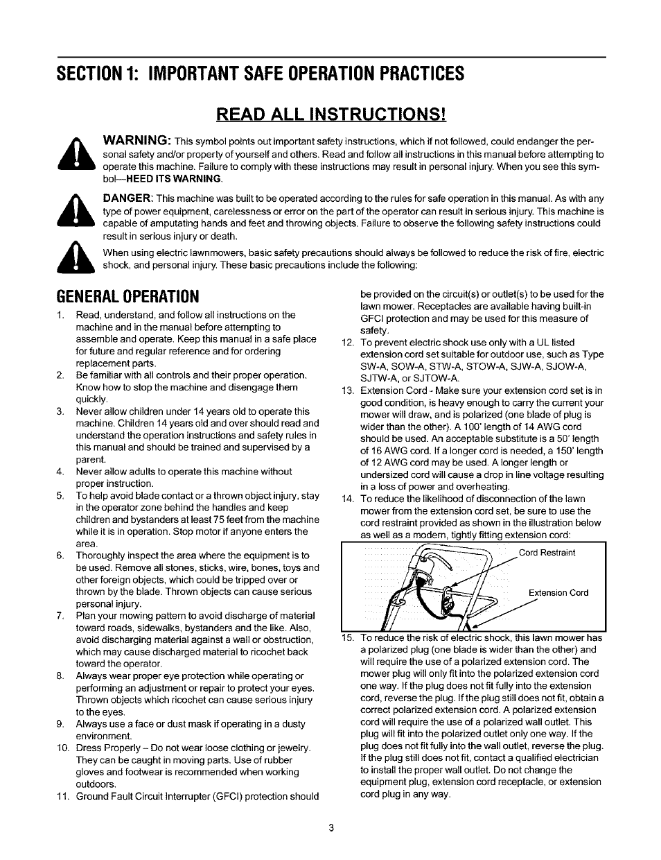 Section 1: important safe operation practices, General operation, Read all instructions | Ryobi 136 User Manual | Page 3 / 20