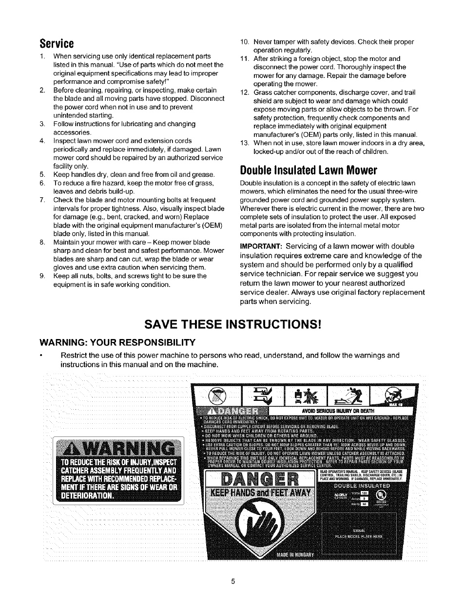 Service, Double insulated lawn mower, 5/^ve ji-ie5e instructions | Warning: your responsibility | Ryobi 136 User Manual | Page 5 / 20