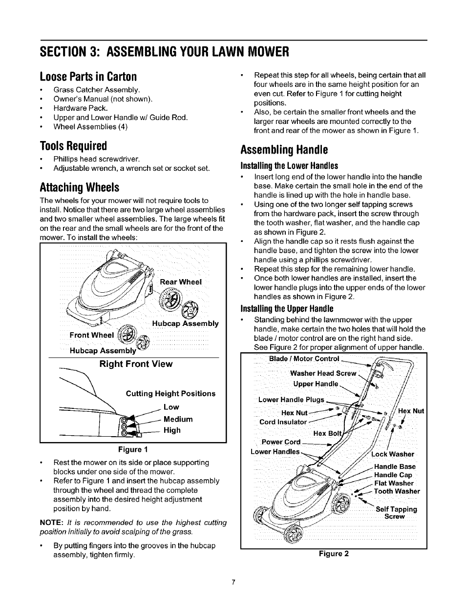 Loose parts in carton, Tools required, Attaching wheels | Assembling handle | Ryobi 136 User Manual | Page 7 / 20